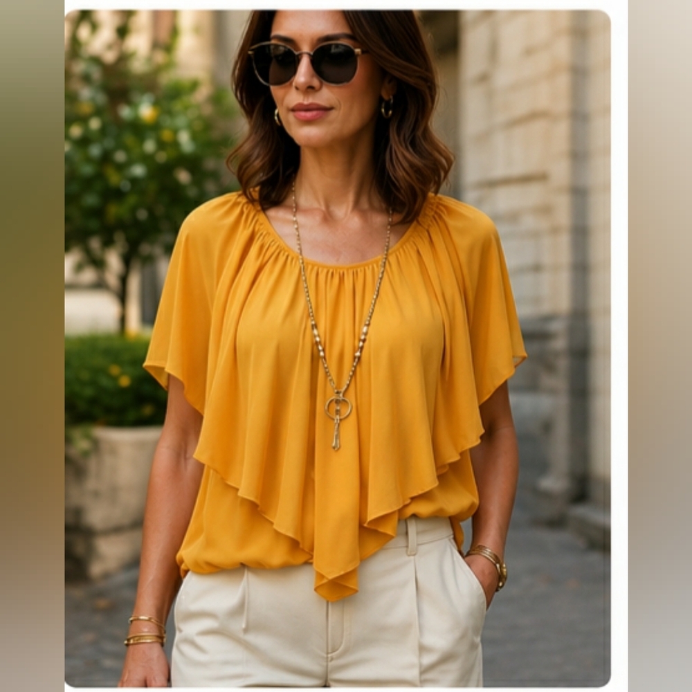 🆕️ Shein NWT XXL Mustard Yellow Layered Chiffon Blouse Flowy Draped Top Boho